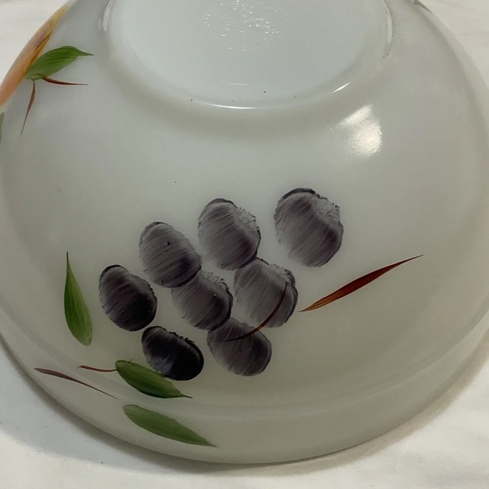 Fire King White Milk Glass Bowl with Orange, Pink and Green Fruit Motif